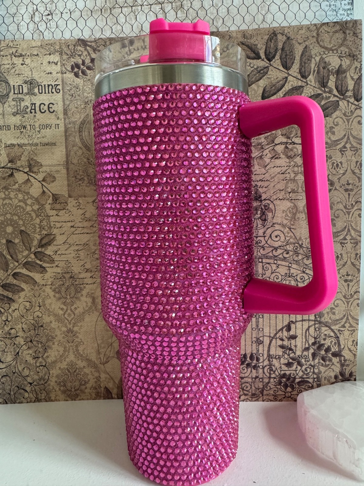 New Bright Pink Shimmer Bling Stainless Steel Metal Travel Cup Tumbler 40oz gallery