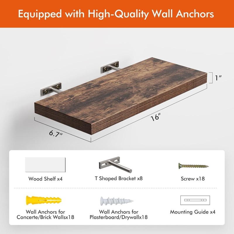 Charming 16” Floating Shelves - Rustic Brown Storage Solution Set of 4 gallery