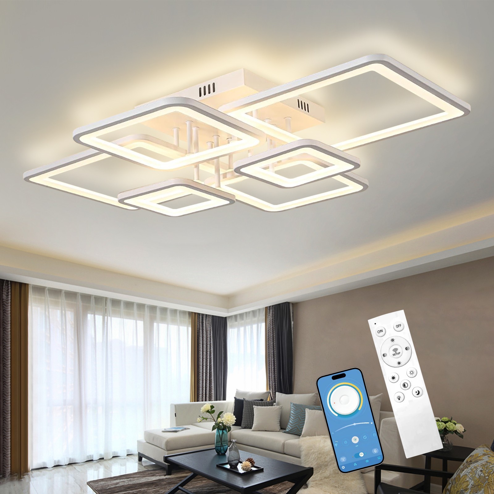 6-Ring LED Ceiling Light w/ Remote – Dimmable White for Bedroom & Living Room gallery