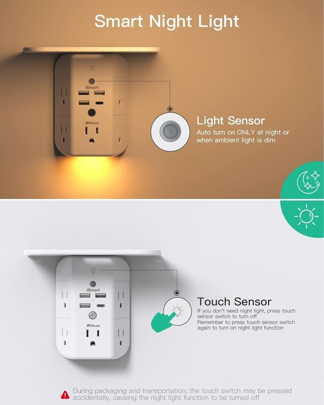 Wall Outlet Extender Surge Protector 9 in 1 USB C Shelf Night Light Power Strip gallery