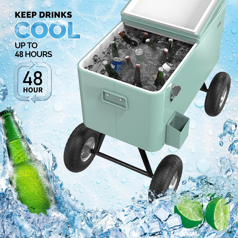 VINGLI 80 Quart Wagon Rolling Cooler Ice Chest, W/Long Handle and 10" Wheels, Po gallery