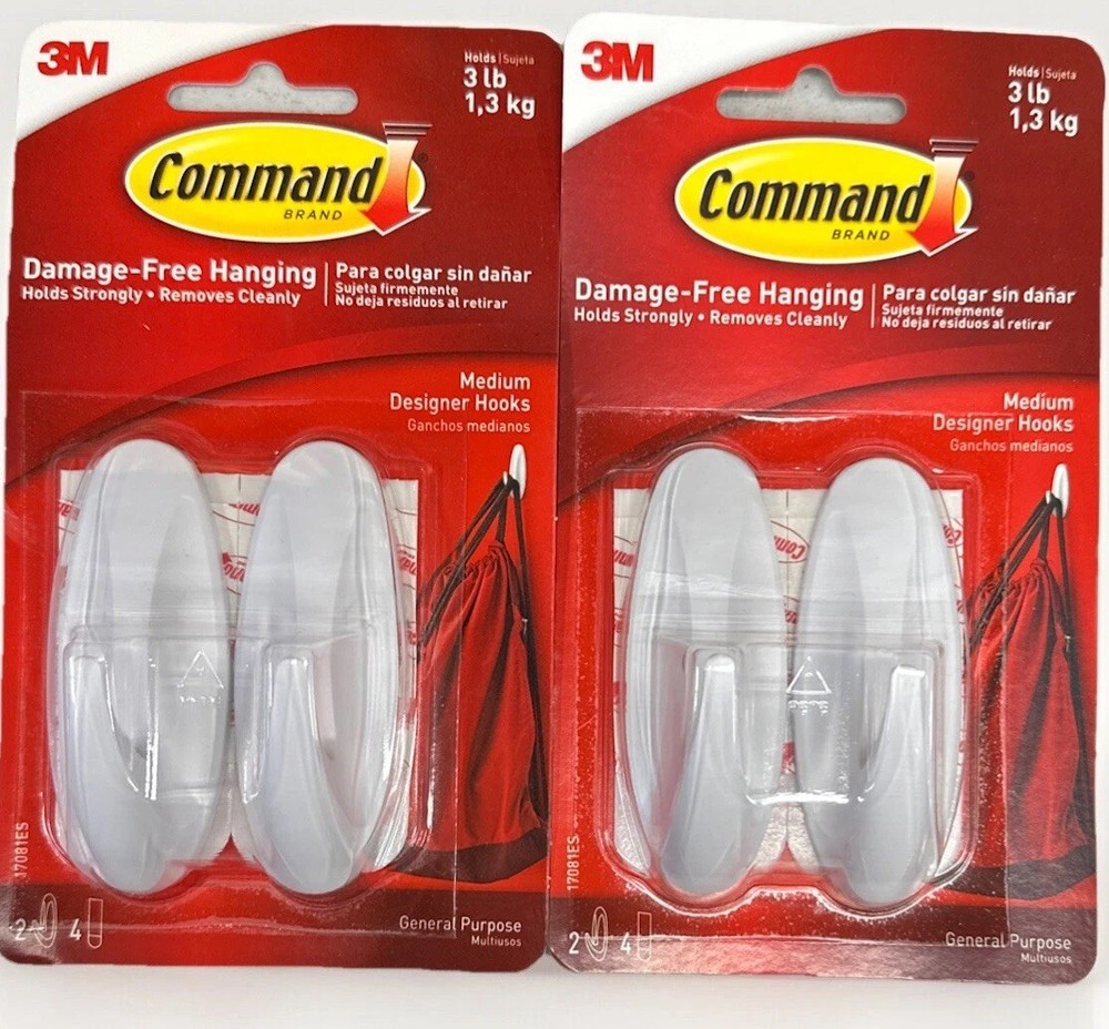 3M Command 2 Medium Designer HOOKS 4 STRIPS Multi-Use White 17081 - 2 Packs {59