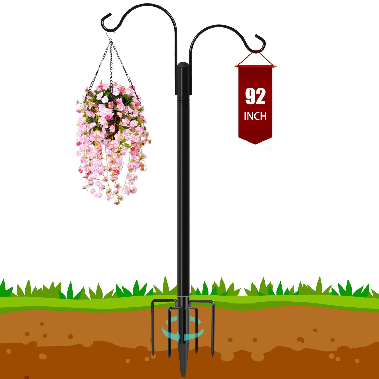 Double Shepherds Hooks for Outdoor, 92 Inch Bird Feeder Pole with 5 Prong Bas... gallery