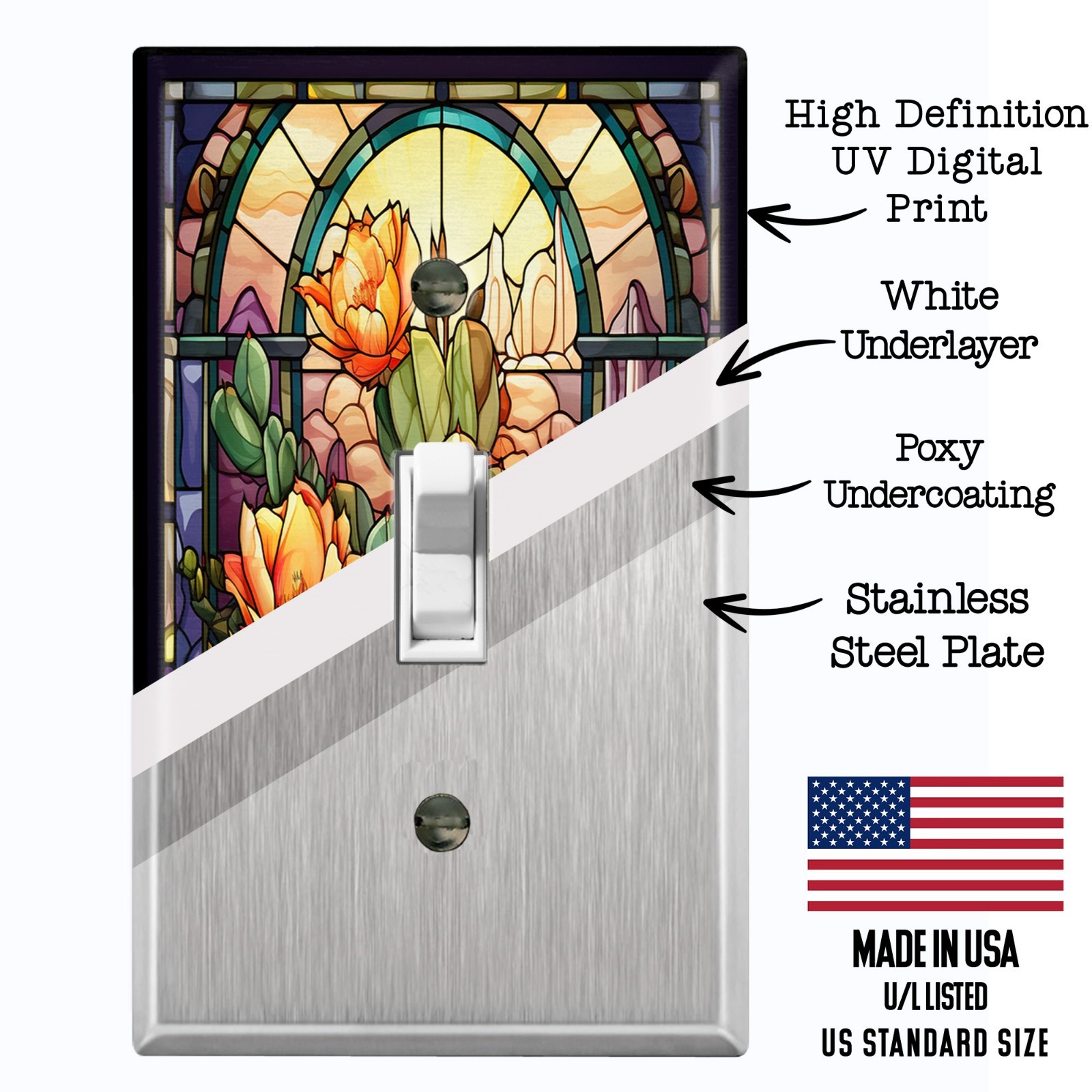Metal Light Switch Outlet Cover Wall Plate Image of Stained Glass Flowers EGS114 gallery