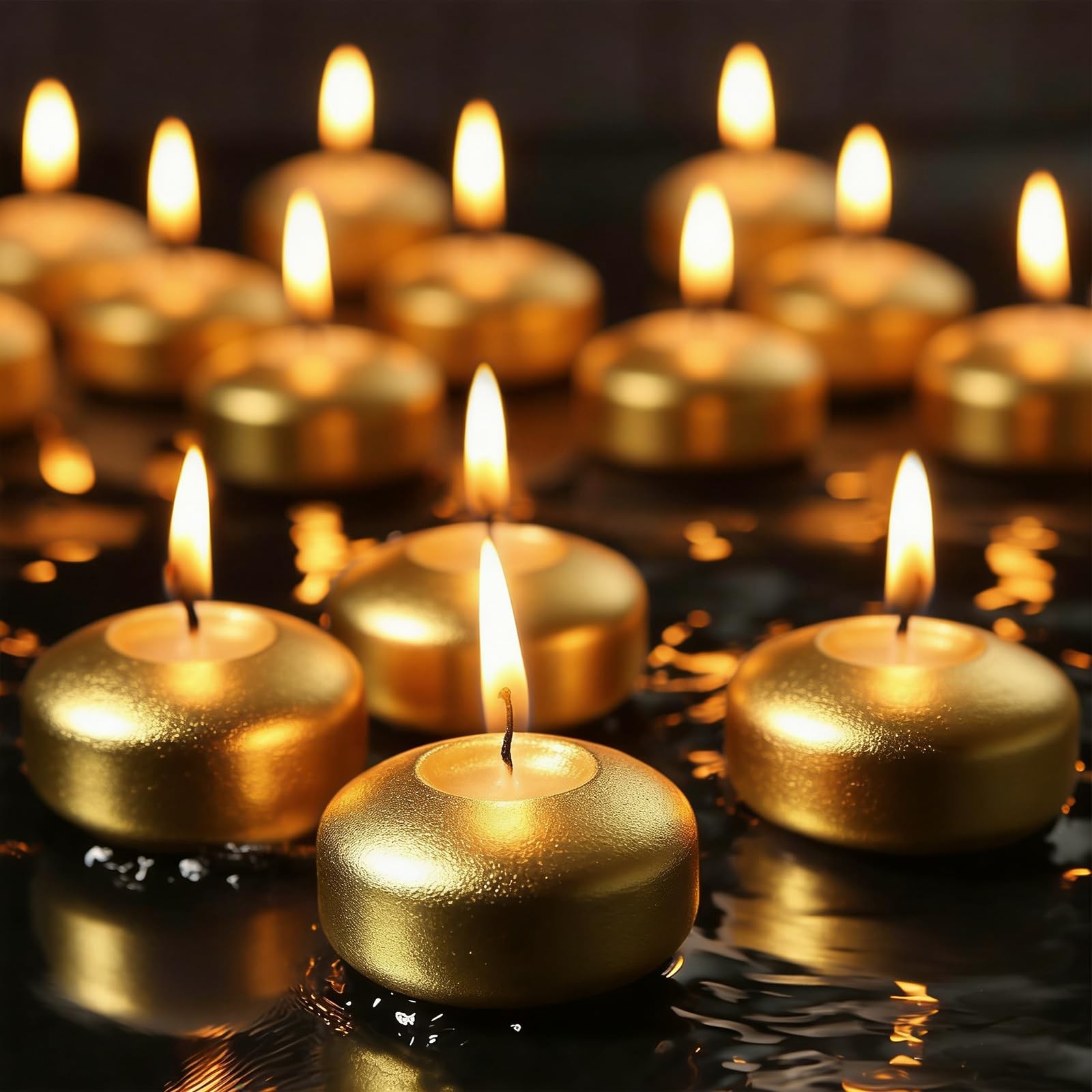 12 Pack Gold 2 Inch Floating Candles Paraffin Wax Elegant Clean Burning Flame gallery
