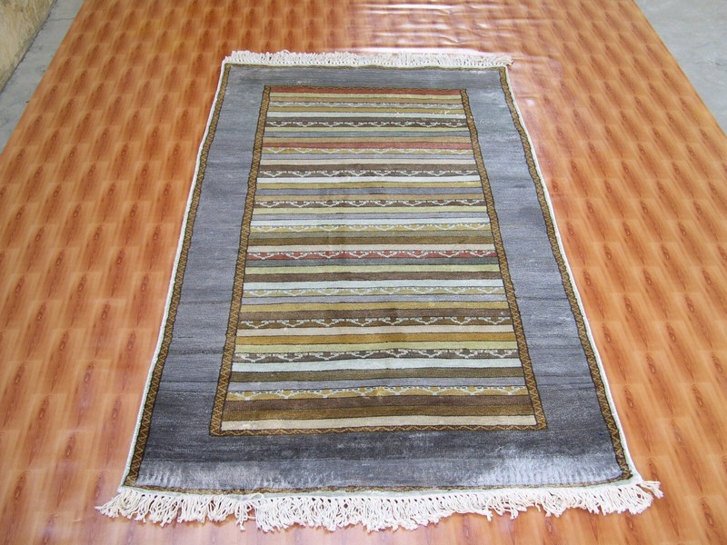 3x5 Timeless Striped Design Multicolor Hand-knotted Silk Foyer Rug gallery