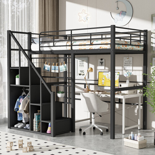 Twin Size Metal Loft Bed with Storage Staircases &Wardrobe High Sleeper Loft Bed gallery