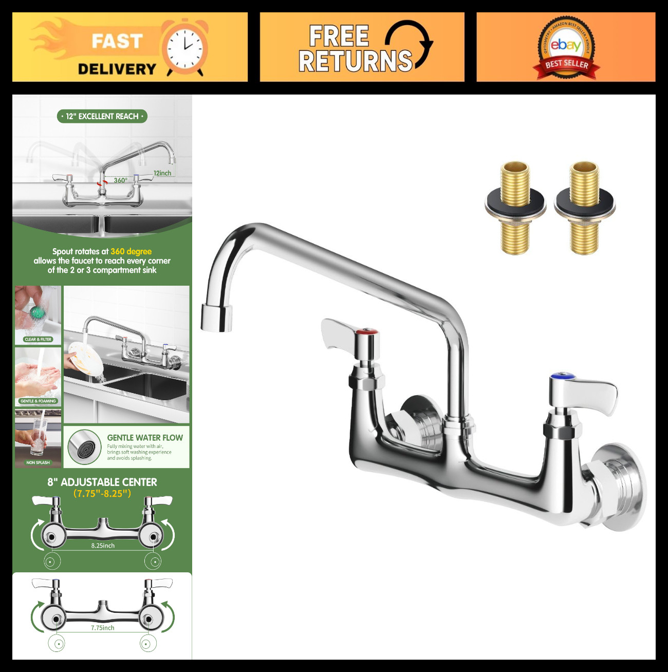 Wall Mount Kitchen Faucet with 12" Swivel Gooseneck Spout, Dual Handle Utility S gallery