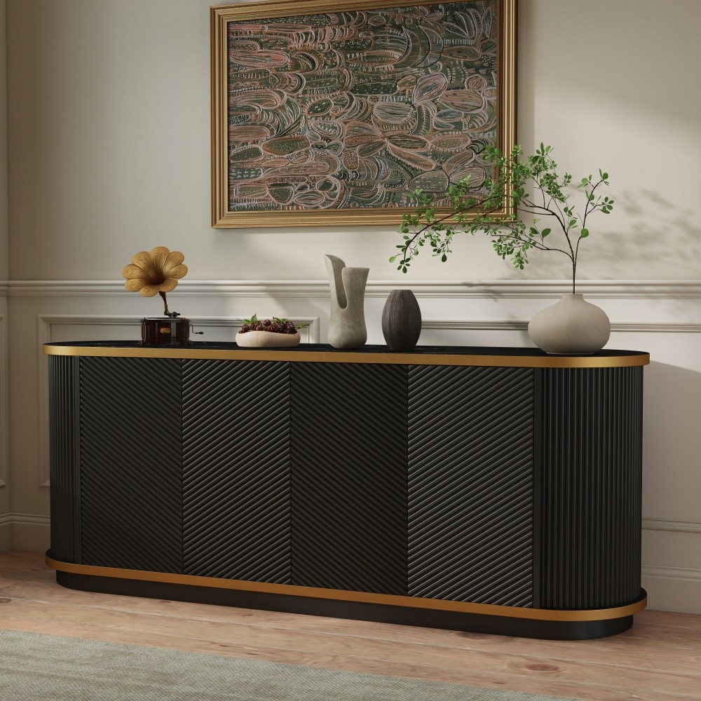 63" Fluted Sideboard, 4-Door Walnut Buffet Credenza, Gold Trim, Faux Marble Top gallery