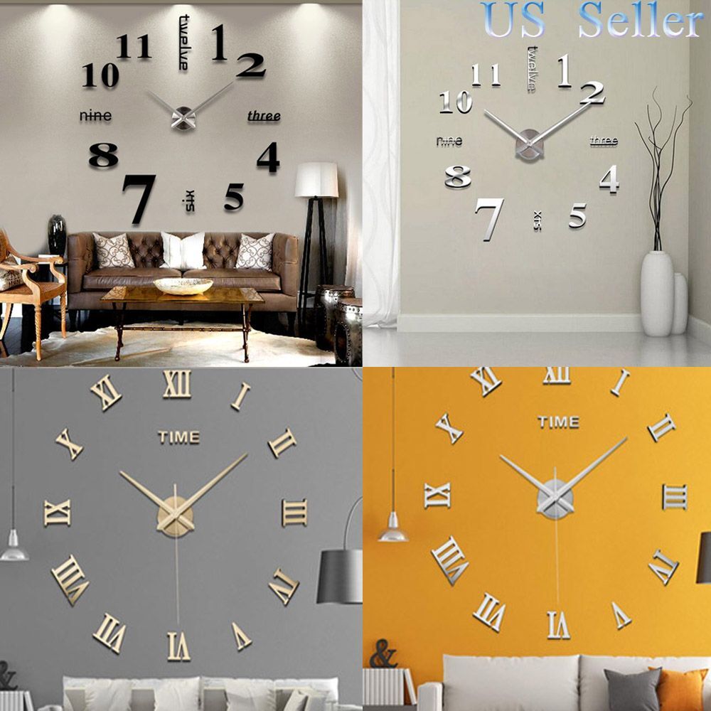 3D Large Mirror Surface Wall Clock Modern DIY Sticker Office Home Shop Art Decor gallery