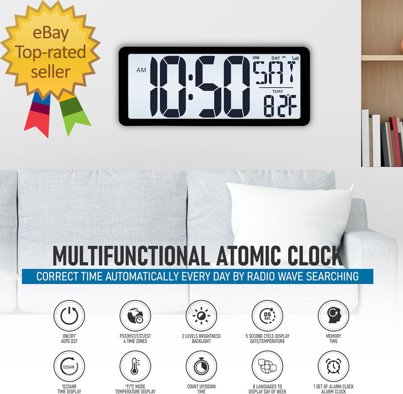 Atomic Clock with Backlight, 14.2" Large Digital Wall Clock Battery Operated gallery