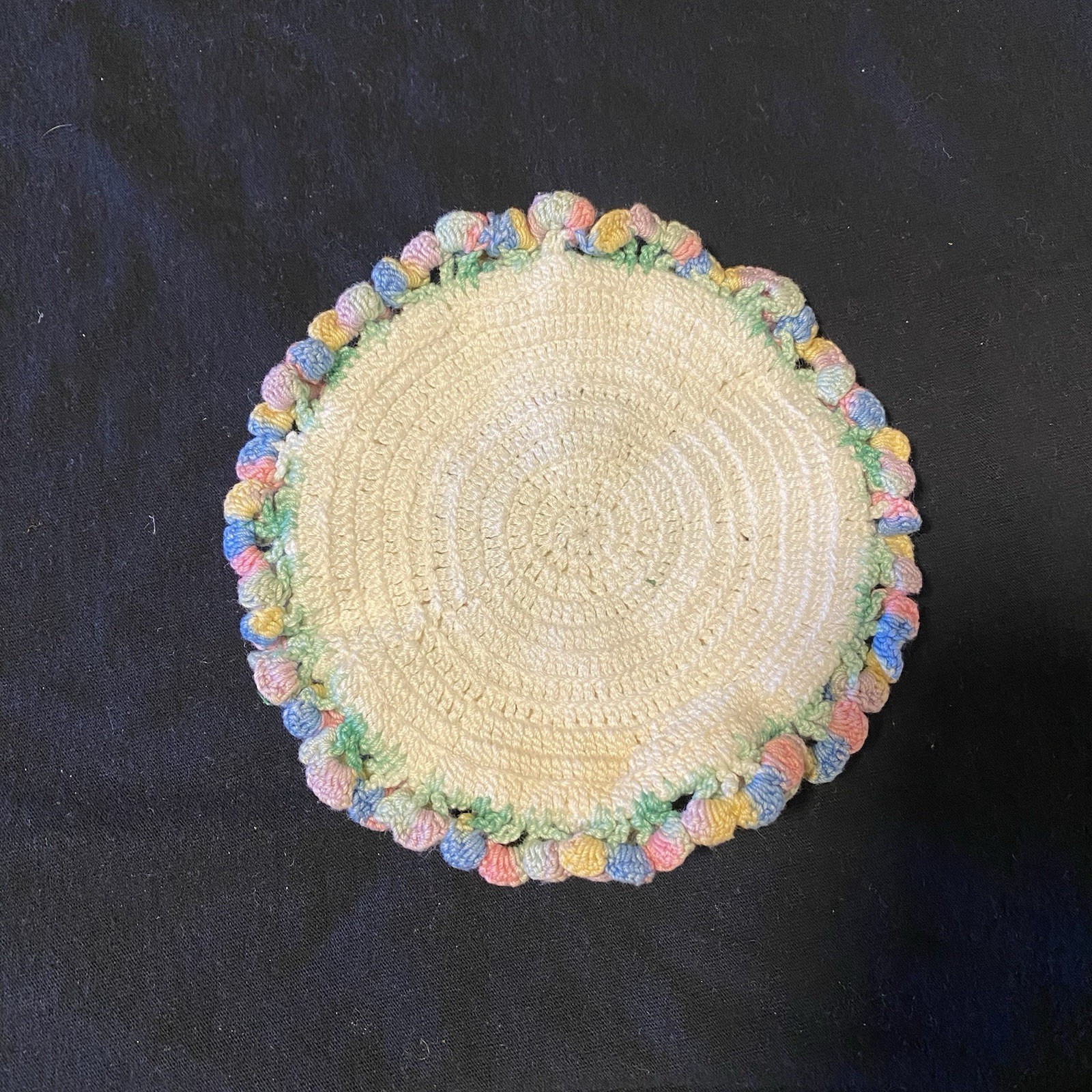 Hand Crocheted Round Vintage Trivet - Pink, Green, Blue & Yellow w/Frills gallery