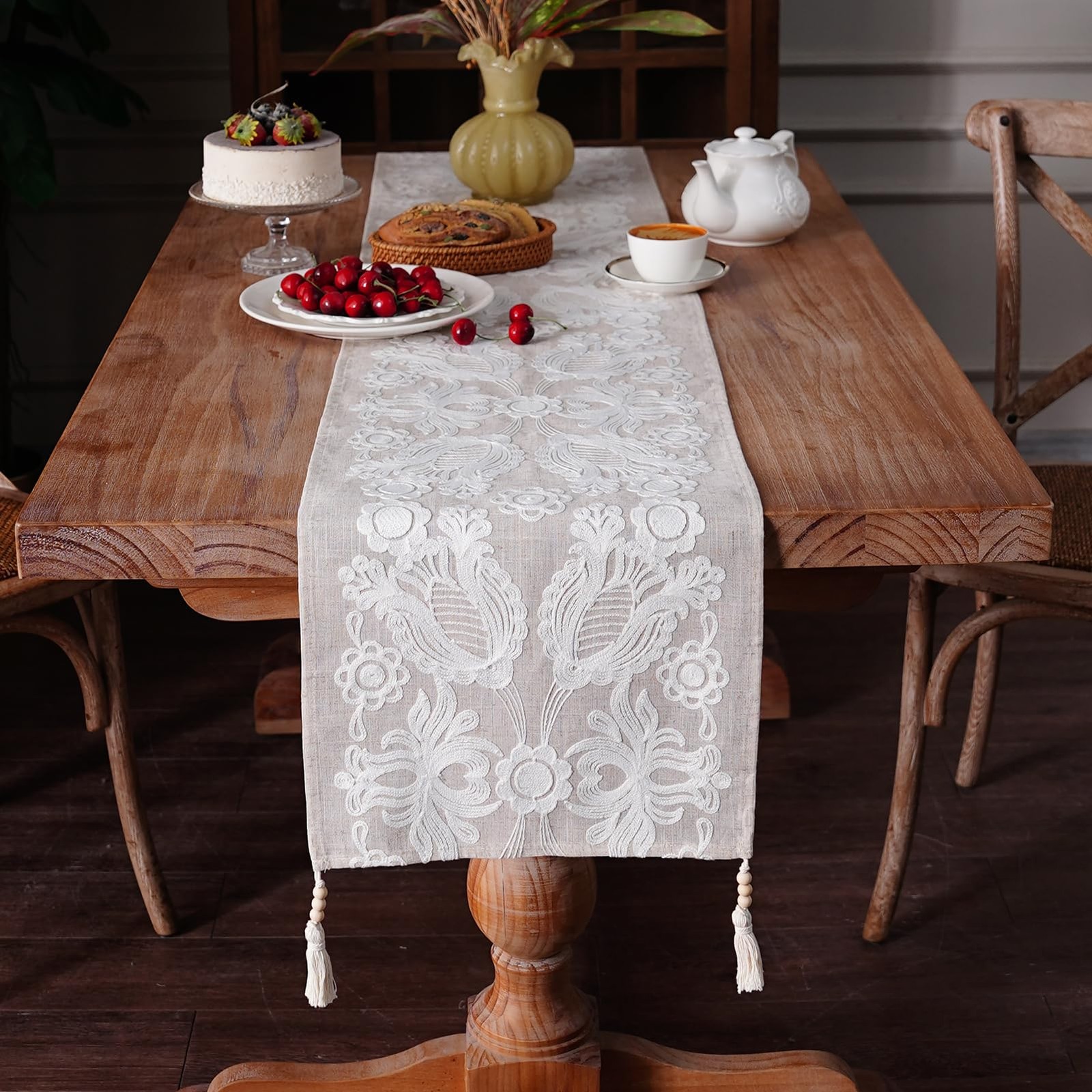Embroidered Table Runner Boho Farmhouse Dresser Scarf Macrame Rustic Lace Doi... gallery