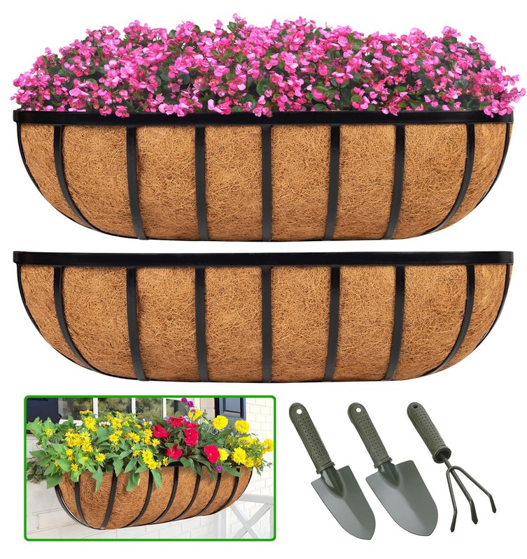30" Railing Planter Window Box - 2 Pack Metal Hanging Flower Basket for Deck & B gallery