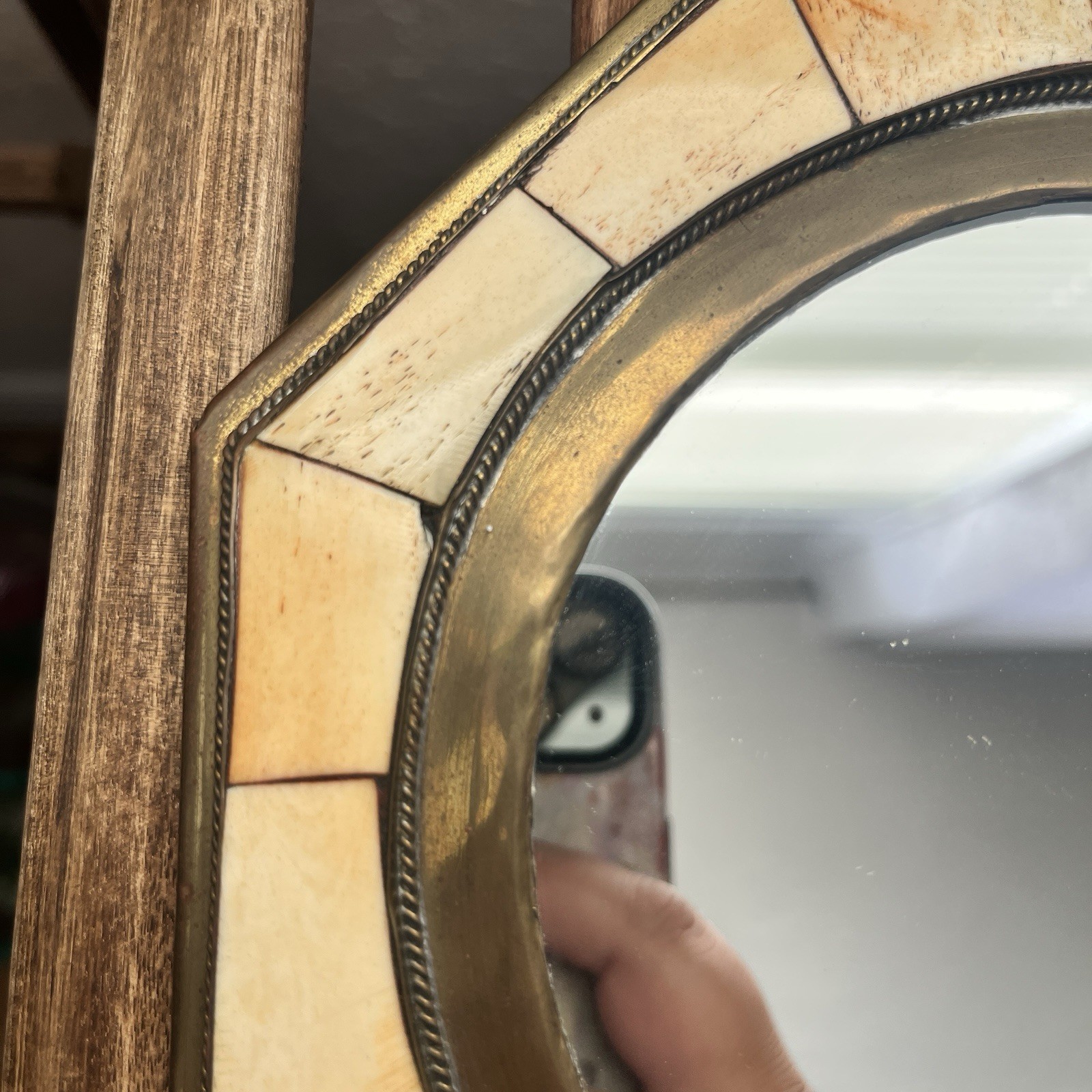 Vintage Octagonal Mirror Brass surrounded Beige Bovine Horn, Wall Hanging Mirror gallery
