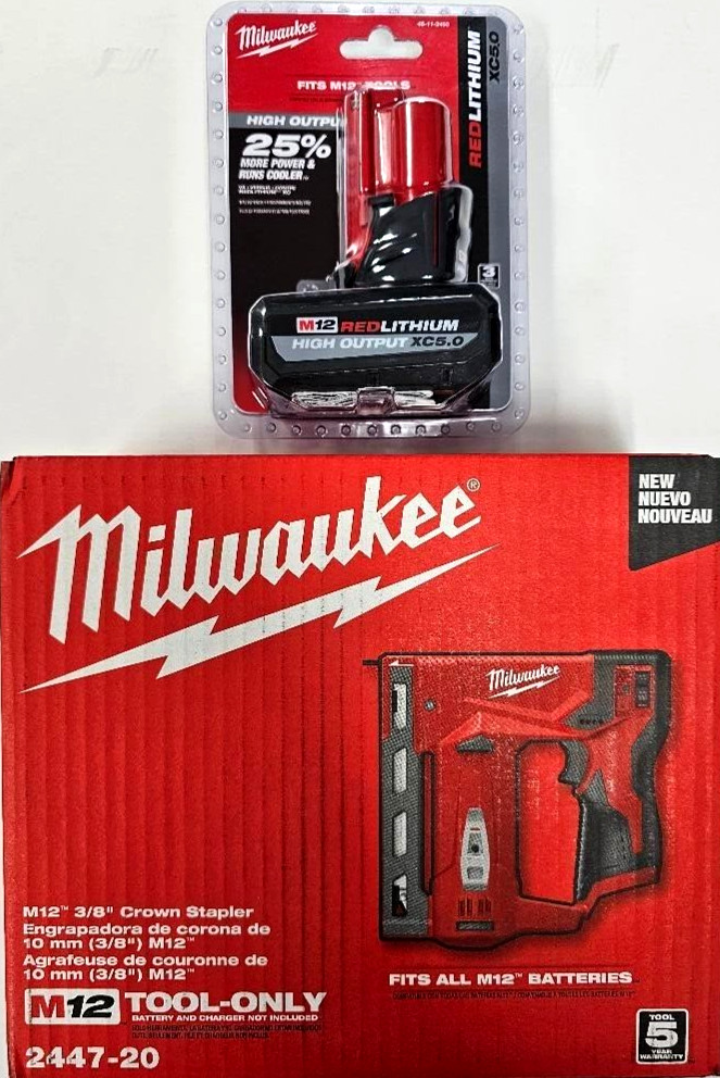 NEW Milwaukee 2447-20 M12 Cordless Compact 3/8" Crown Stapler, 1) 5.0 AH Battery gallery