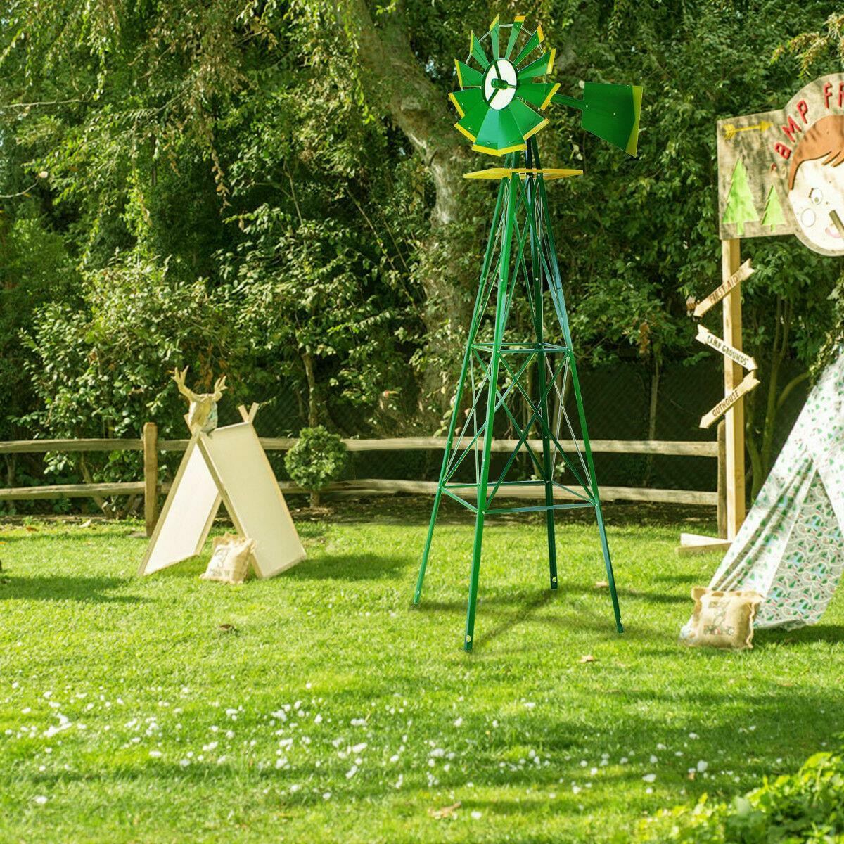 8FT Green Metal Windmill Yard Garden Decoration Weather Rust Resistant Wind Mill gallery
