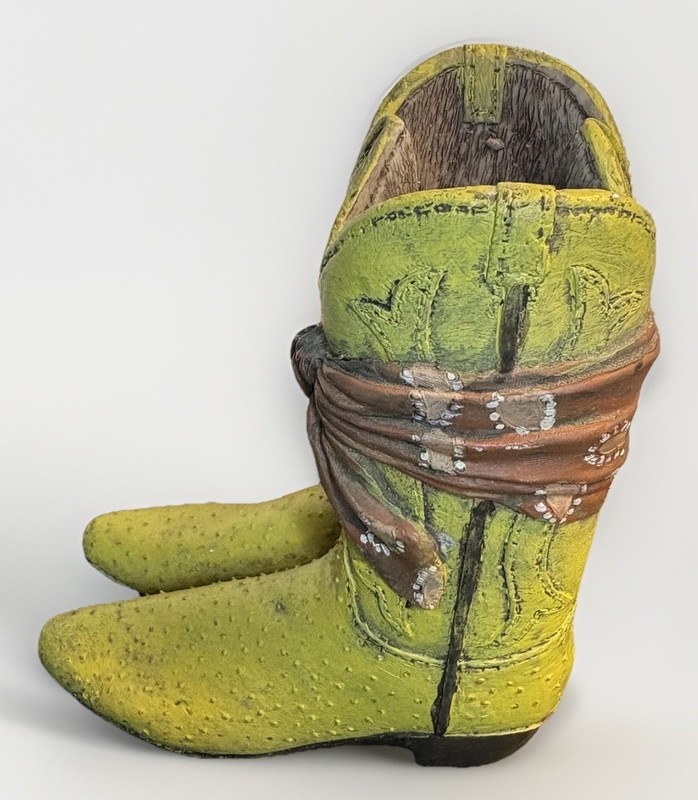 Western Cowboy Boot Planter Vase Distressed Green Yellow Rustic Country Decor 5" gallery