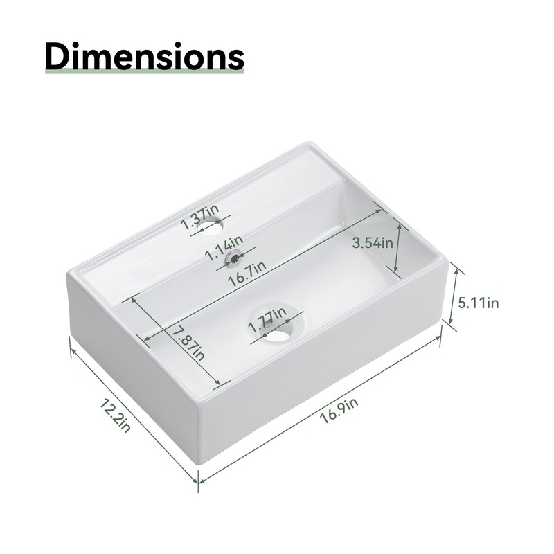 White Ceramic Rectangular Wall Mount Floating Bathroom Vessel Sink 17.7"x 12.2" gallery