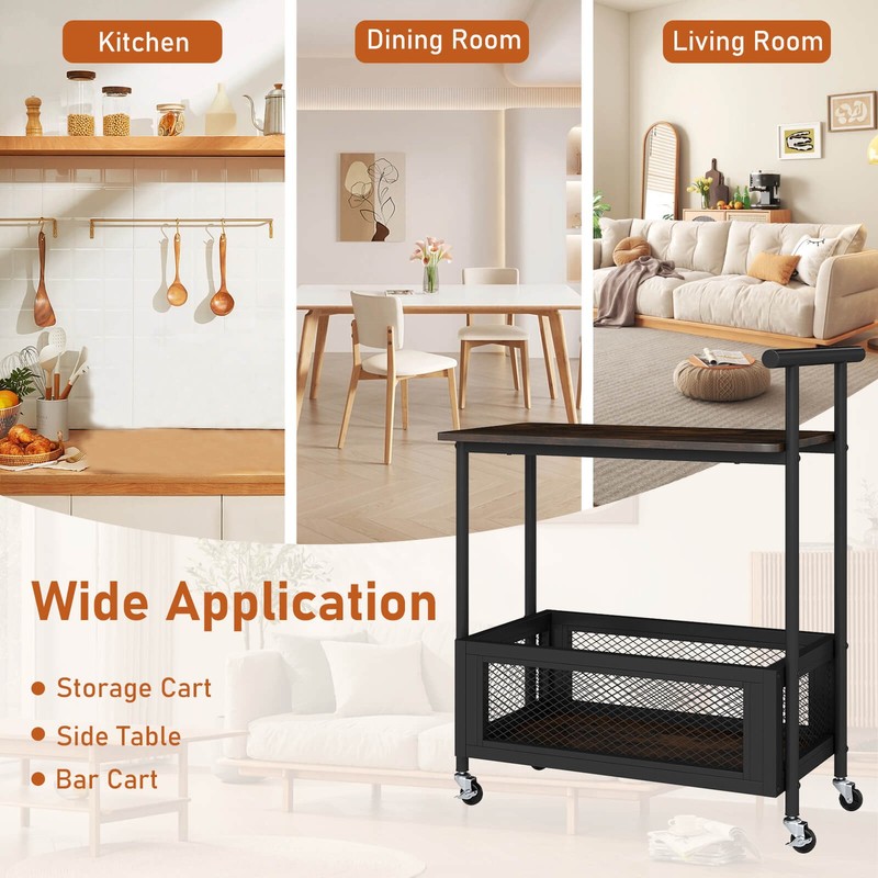 Rolling End Table w/Lockable Wheels Handle 2 Storage Shelves Industrial Bar Cart gallery