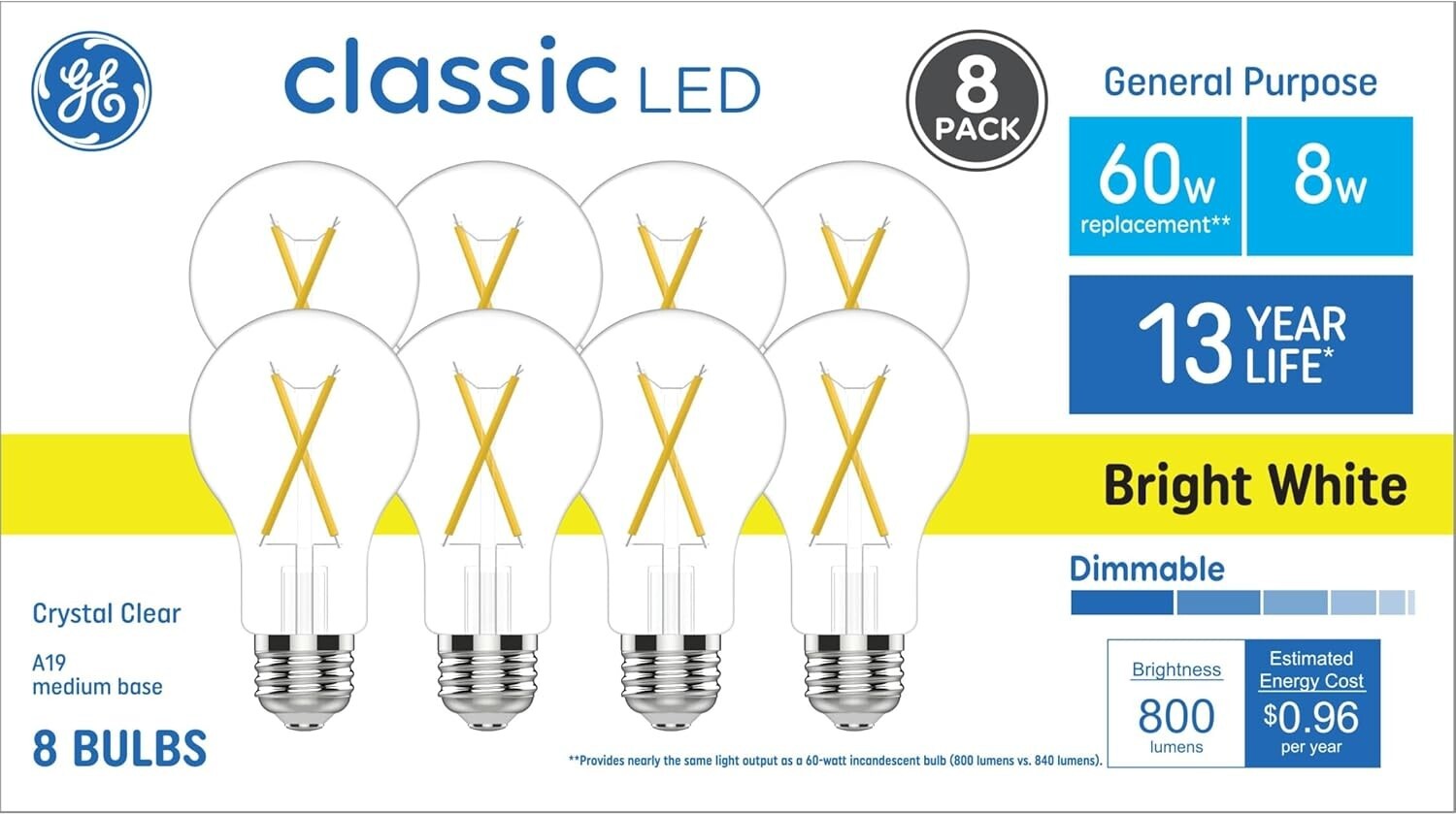 GE Classic LED 60-Watt Dimmable Soft White A19 Glass Light Bulbs 800lm ~ 8-Pack gallery