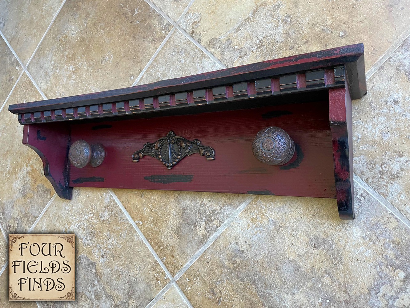 Vintage Wood Maroon/Black Distressed Shabby Farmhouse Shelf + 2 Coat Knobs 24" gallery