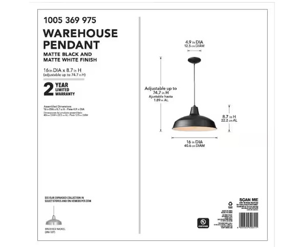 Hampton Bay 1-Light Black Warehouse Pendant Hanging Light with Metal Shade gallery