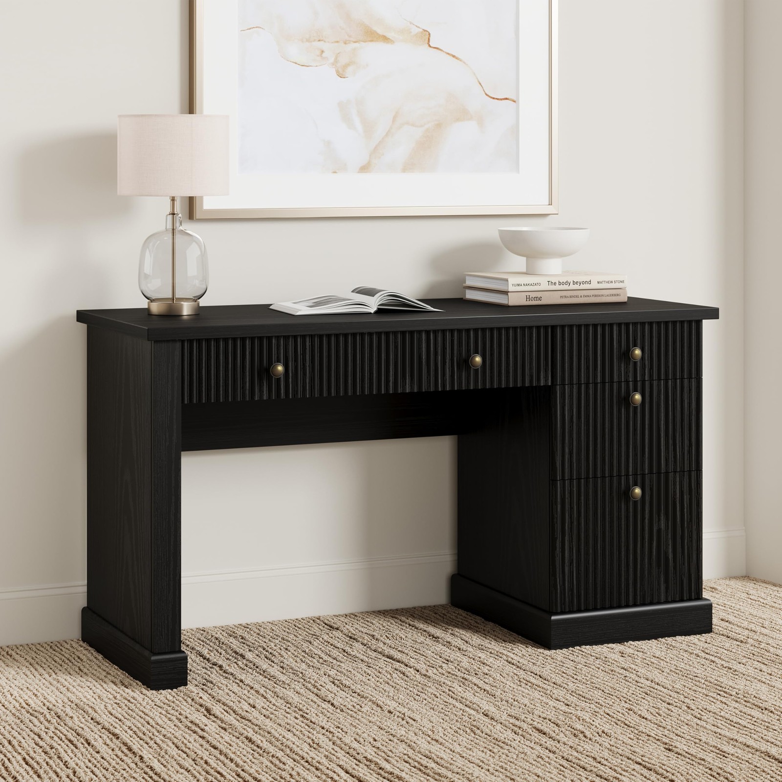 Fluted Home Office Desk Modern Executive Desk with Charging Station & Drawers gallery