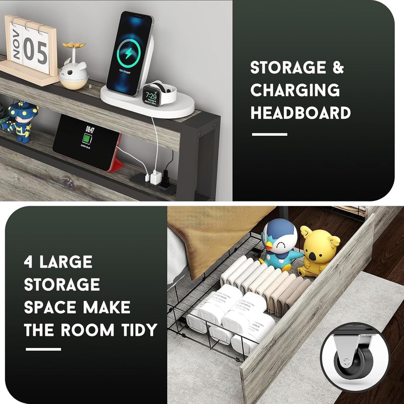 Queen Size Bed Frame with 4 Storage Drawers and Charging Station ＆ LED Lights gallery