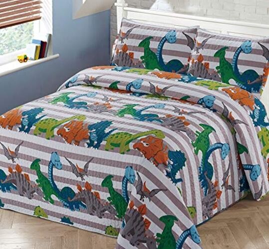 2pc Bedspread Coverlet Quilt Set Kids/Teens Childrens Twin Dinosaurs Stripes gallery