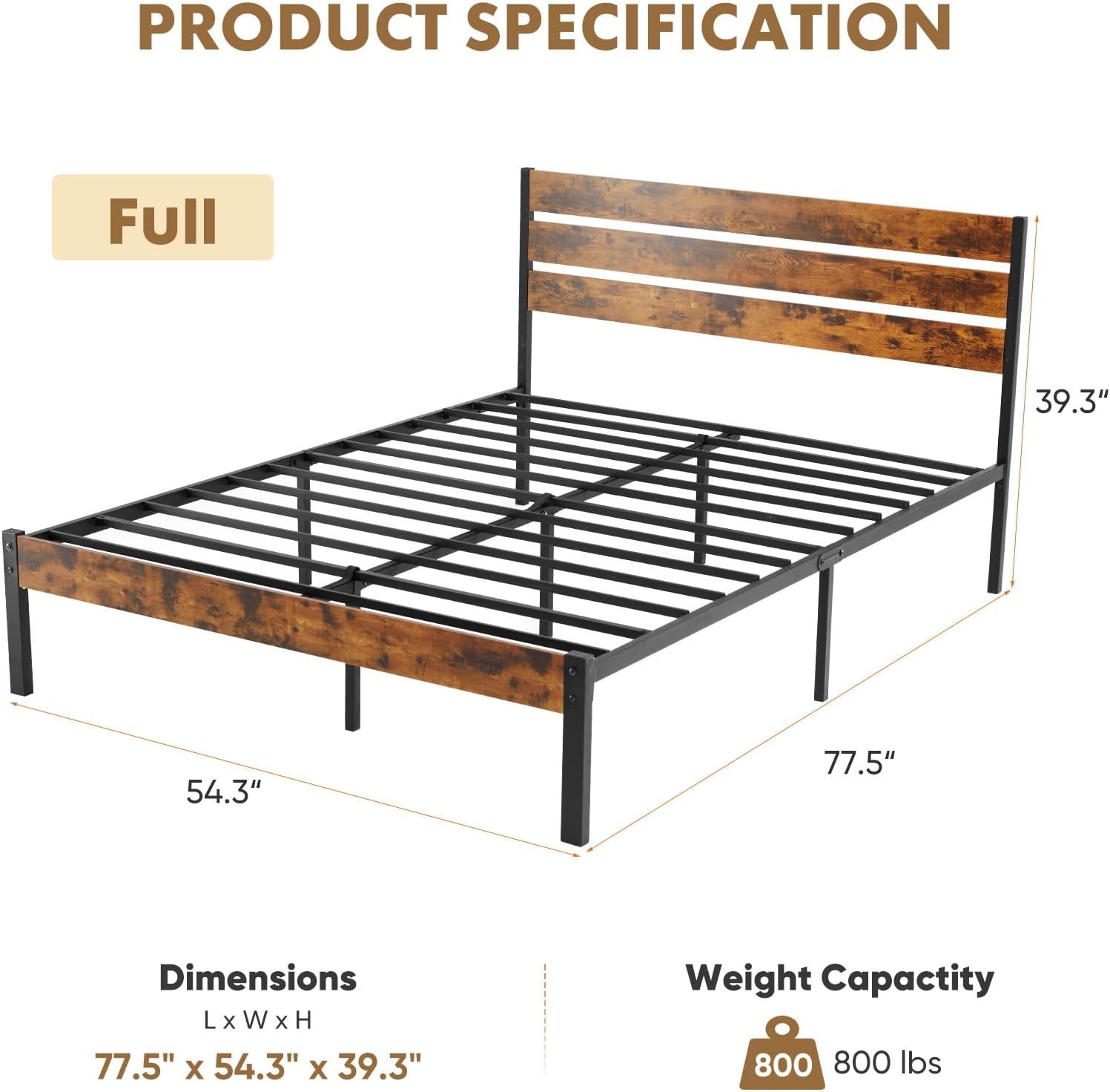 Full Size Bed Frame with Headboard, 800LBS Mattress Foundation with All Sturdy M gallery