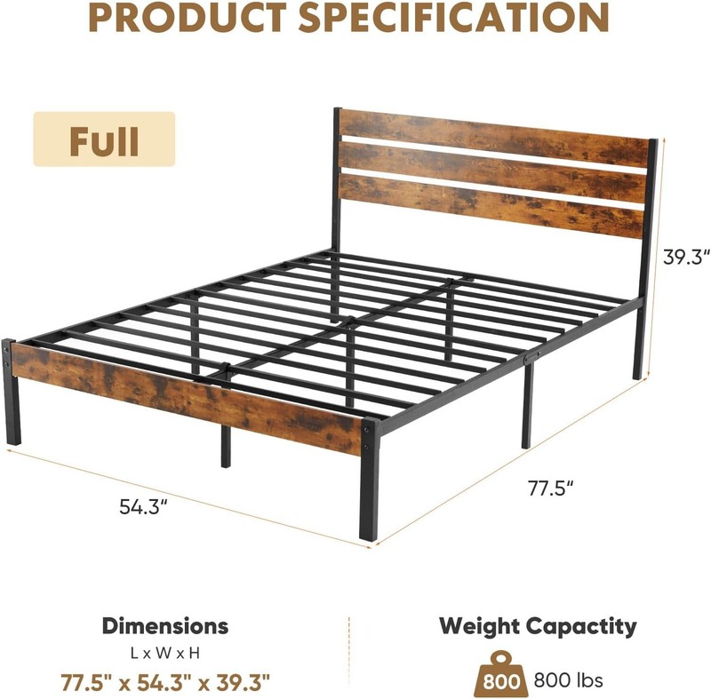 Full Size Bed Frame with Headboard, 800LBS Mattress Foundation with All Sturdy M gallery