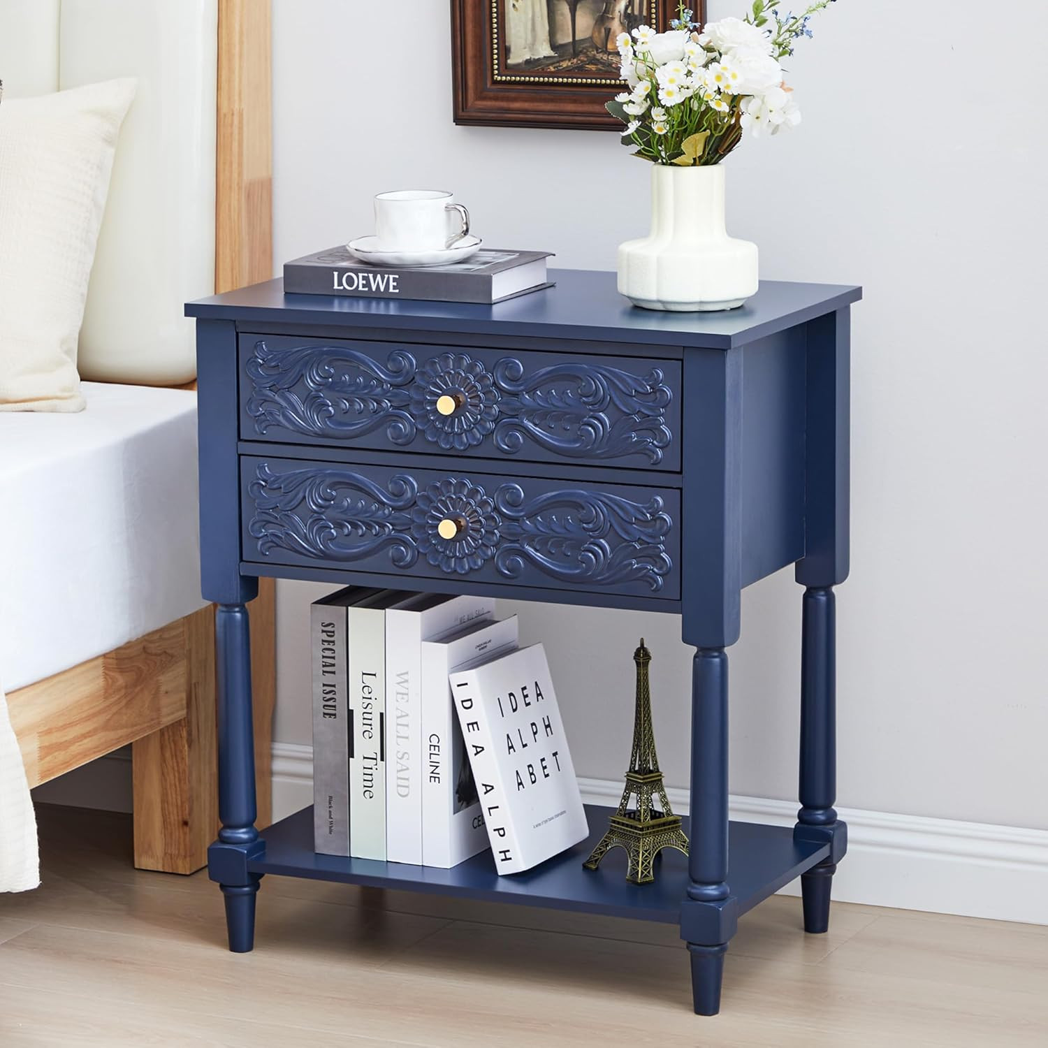 Farmhouse Nightstand with 2 Drawers & Shelf - Blue Accent Table gallery