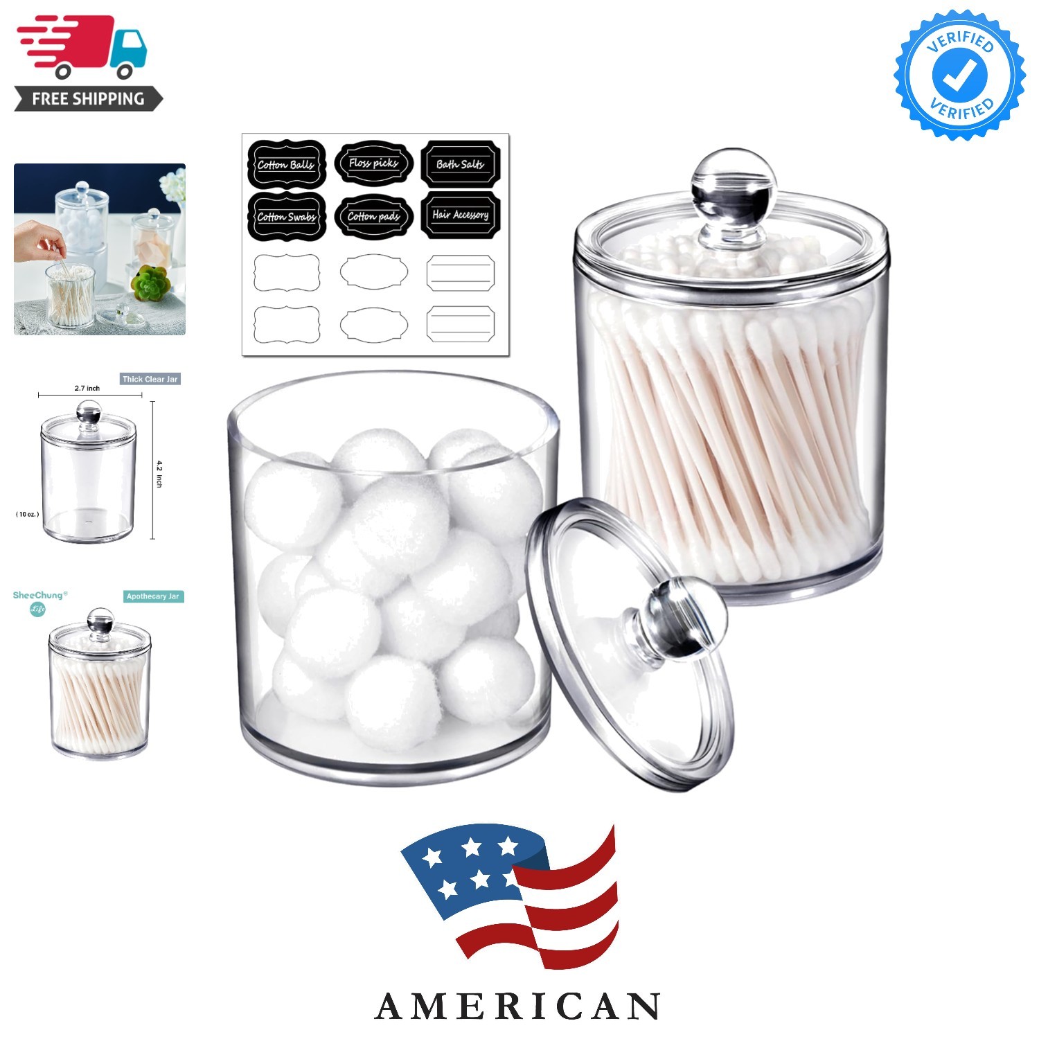 Clear Acrylic Qtip Holder with Labels–Shatterproof Plastic Apothecary Jars fo... gallery