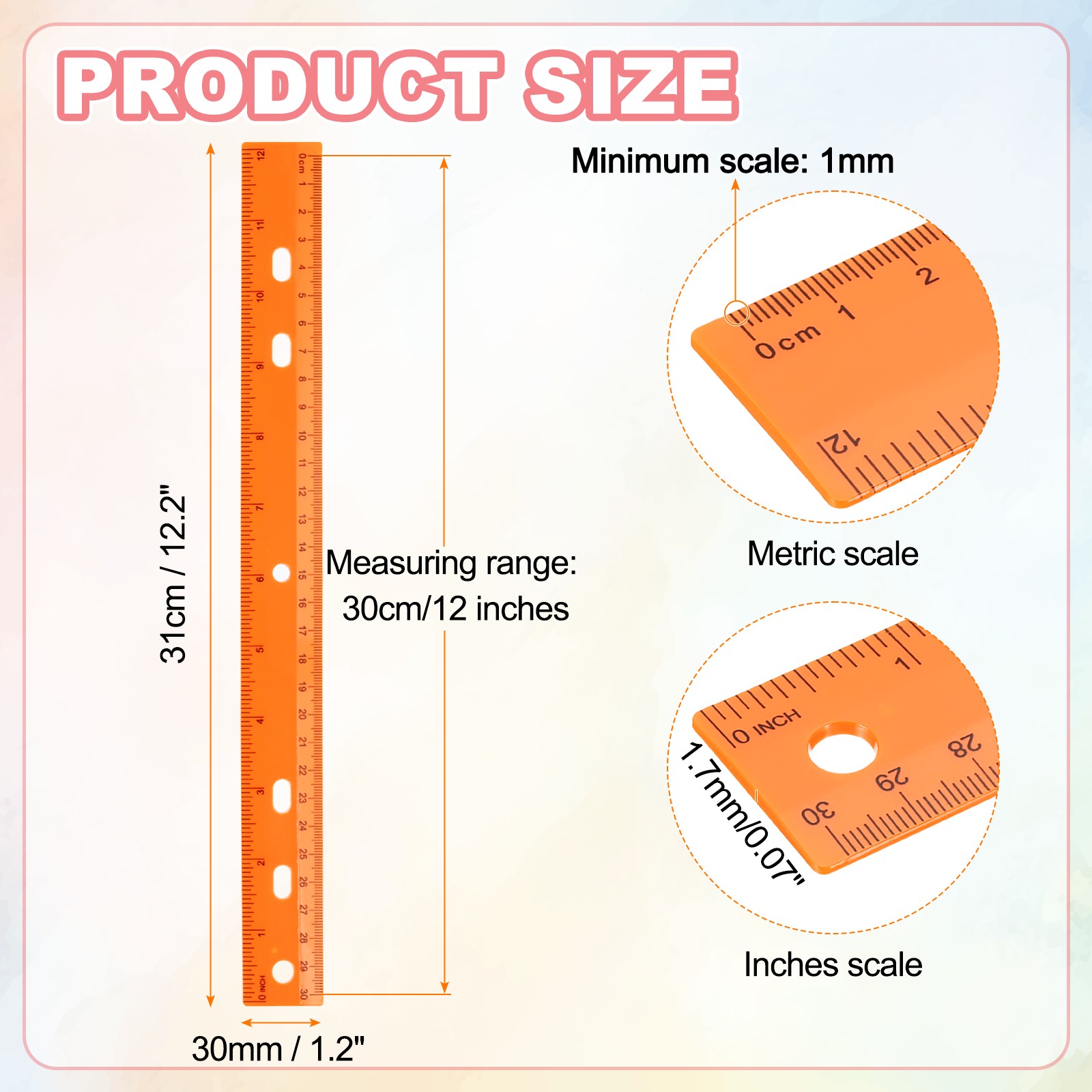5pcs Plastic Rulers 12"(30cm) Clear Straight Ruler with Hole Orange gallery