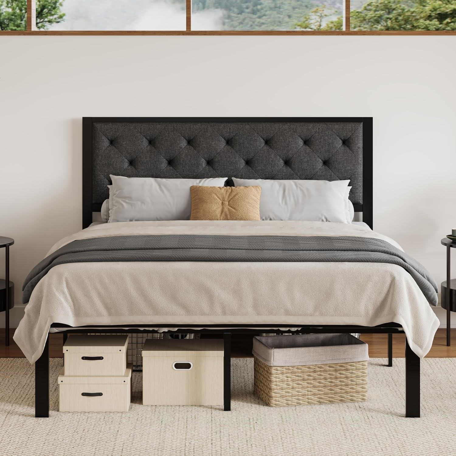 Queen Metal Platform Bed Frame Linen Upholstered Button Tufted Headboard gallery