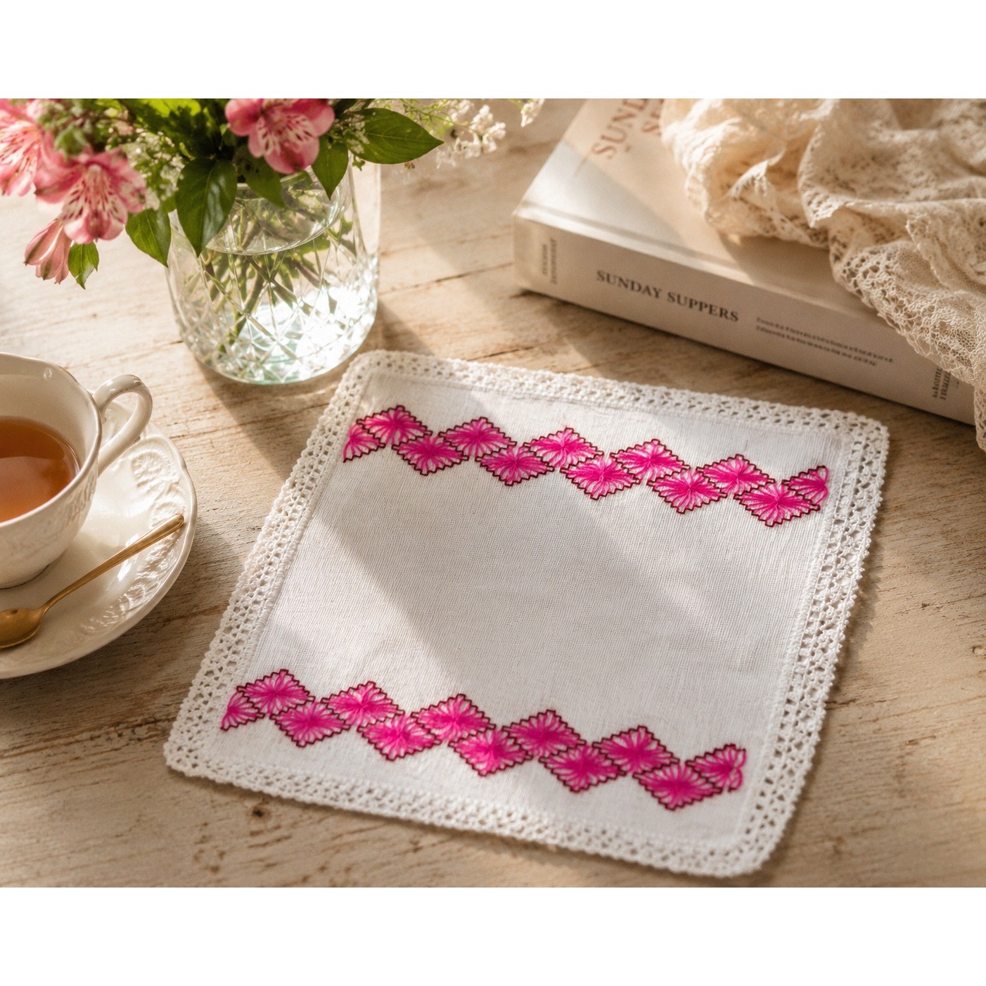 Handmade Mexican Embroidered Cloth Napkin Pink Crochet Lace Trim Folk Art 16x18 gallery