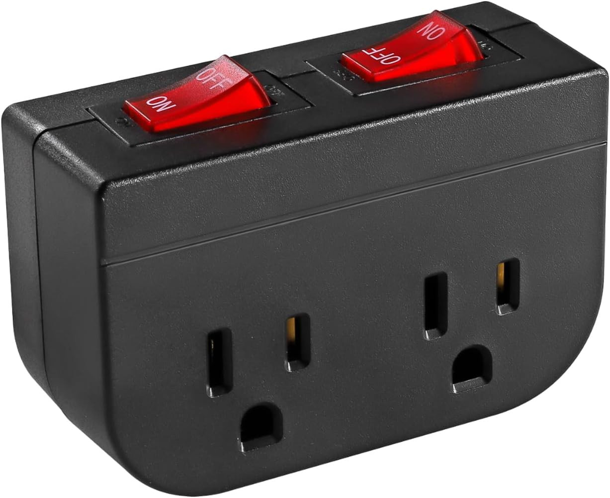 Dual On/Off Switch Grounded Outlet 2-Port Plug Adapter 15A 1875W ETL Black 1PK gallery