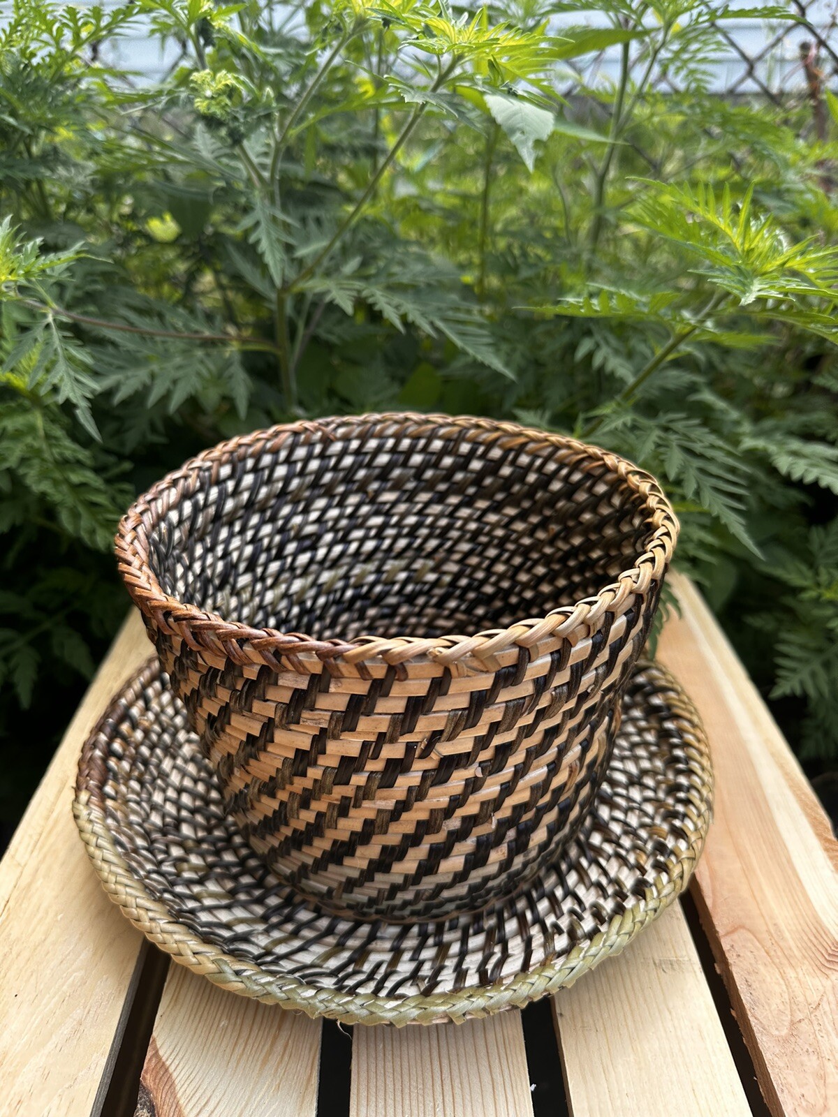 Authentic Nito wicker plant basket with detached plate base gallery