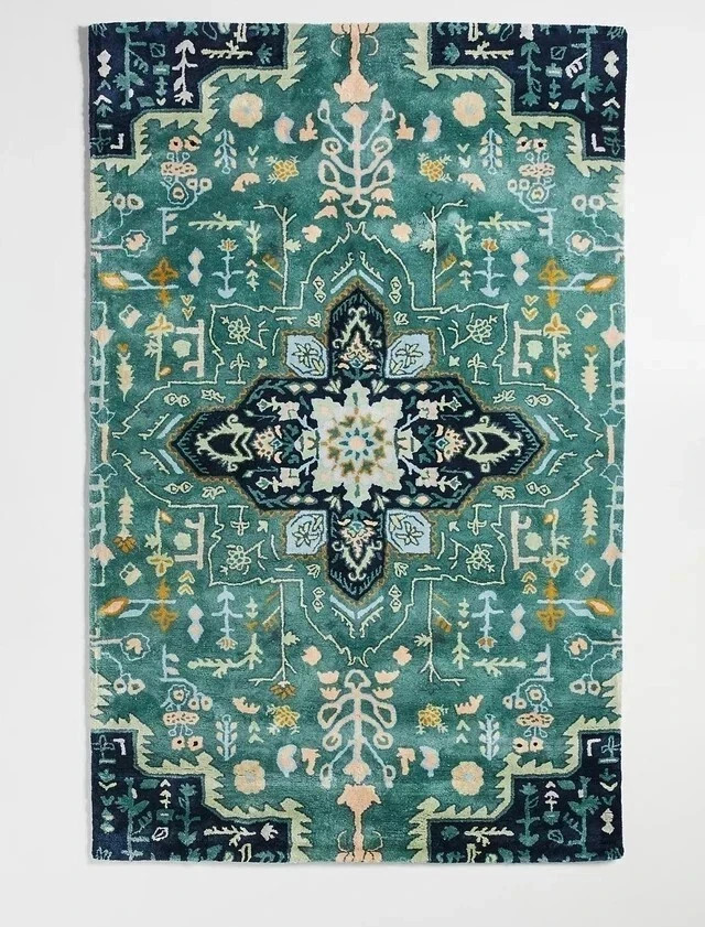 Hand Tufted Woolen Rug ANTHRO MARIBELLE TURQUOISE SILK Carpet for Living Room gallery