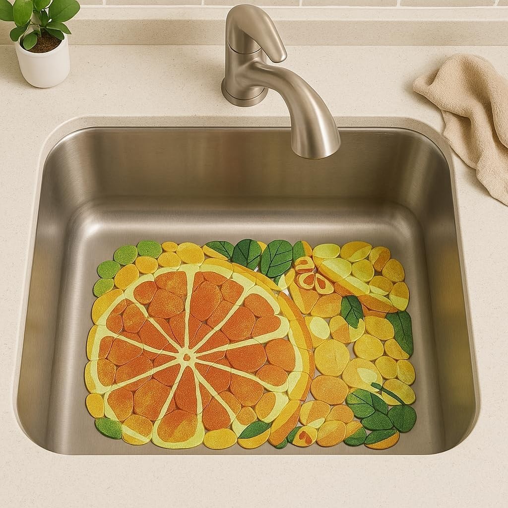 Printed PVC Sink Mat 15.7"x11.8" Flexible Pebble Sink Protector – Orange gallery