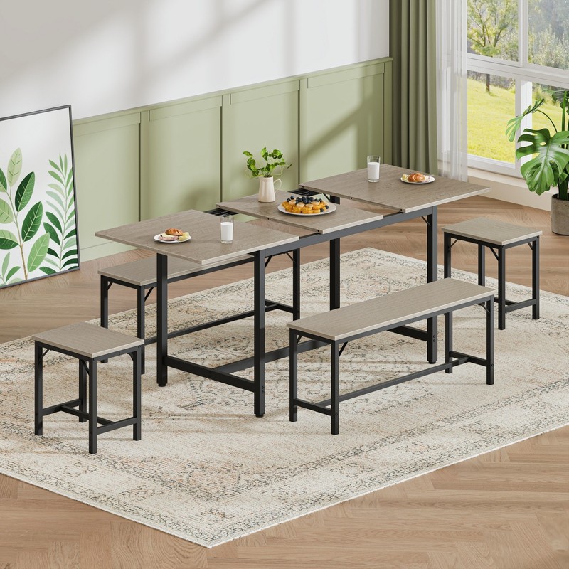 5 Piece Extendable Dining Table Set Wood Tabletop Steel Frame 2 Benches 2 Stools gallery