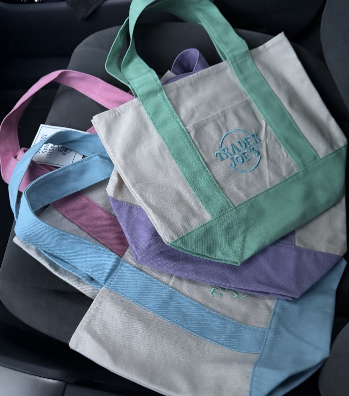 Trader Joe’s Mini Pastel Canvas Tote Bag Set Of 4 NWT Blue Green Pink Purple OBO gallery