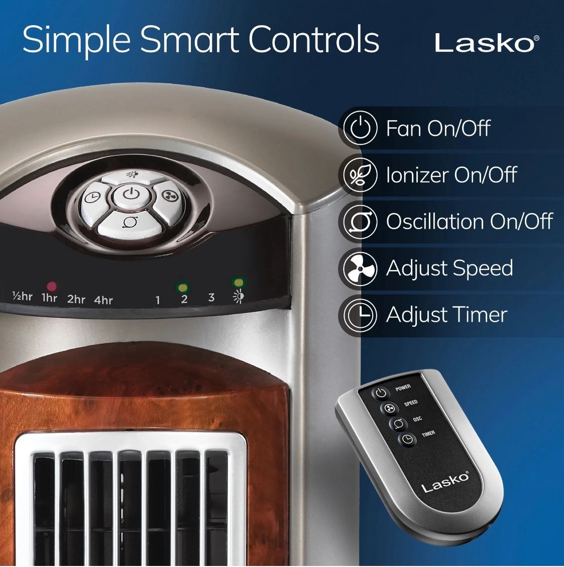 Lasko Tower Fan Remote Control Oscillation Timer Ionizer Gray Brown Wood Effect gallery