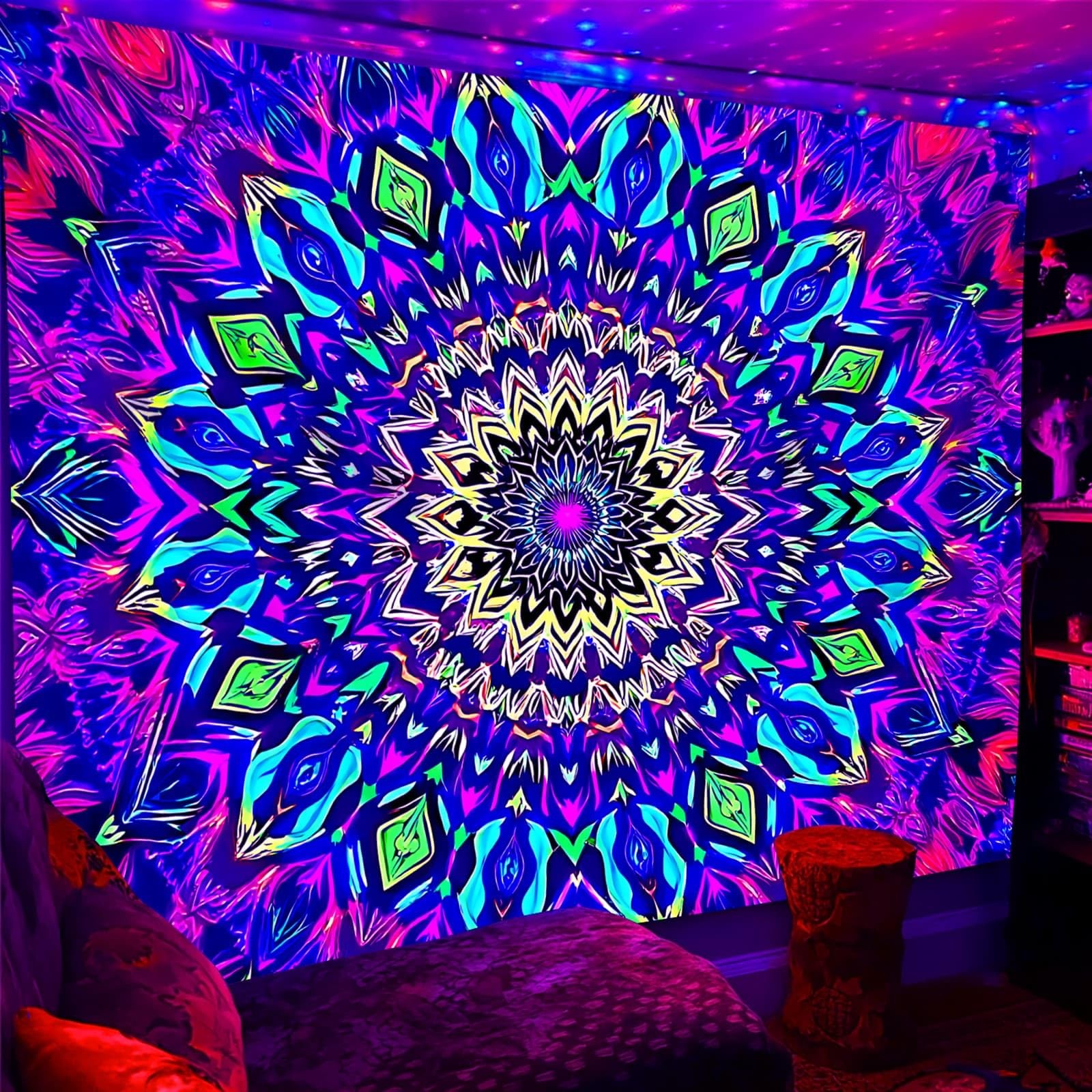UV Reactive Blacklight Tapestry Mandala Large Bedroom Wall Hanging Art 80x60" gallery