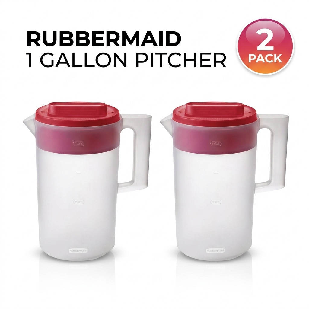 (2 Pack) Rubbermaid Simply Pour 1 Gallon Plastic Pitcher, Clear/Red gallery