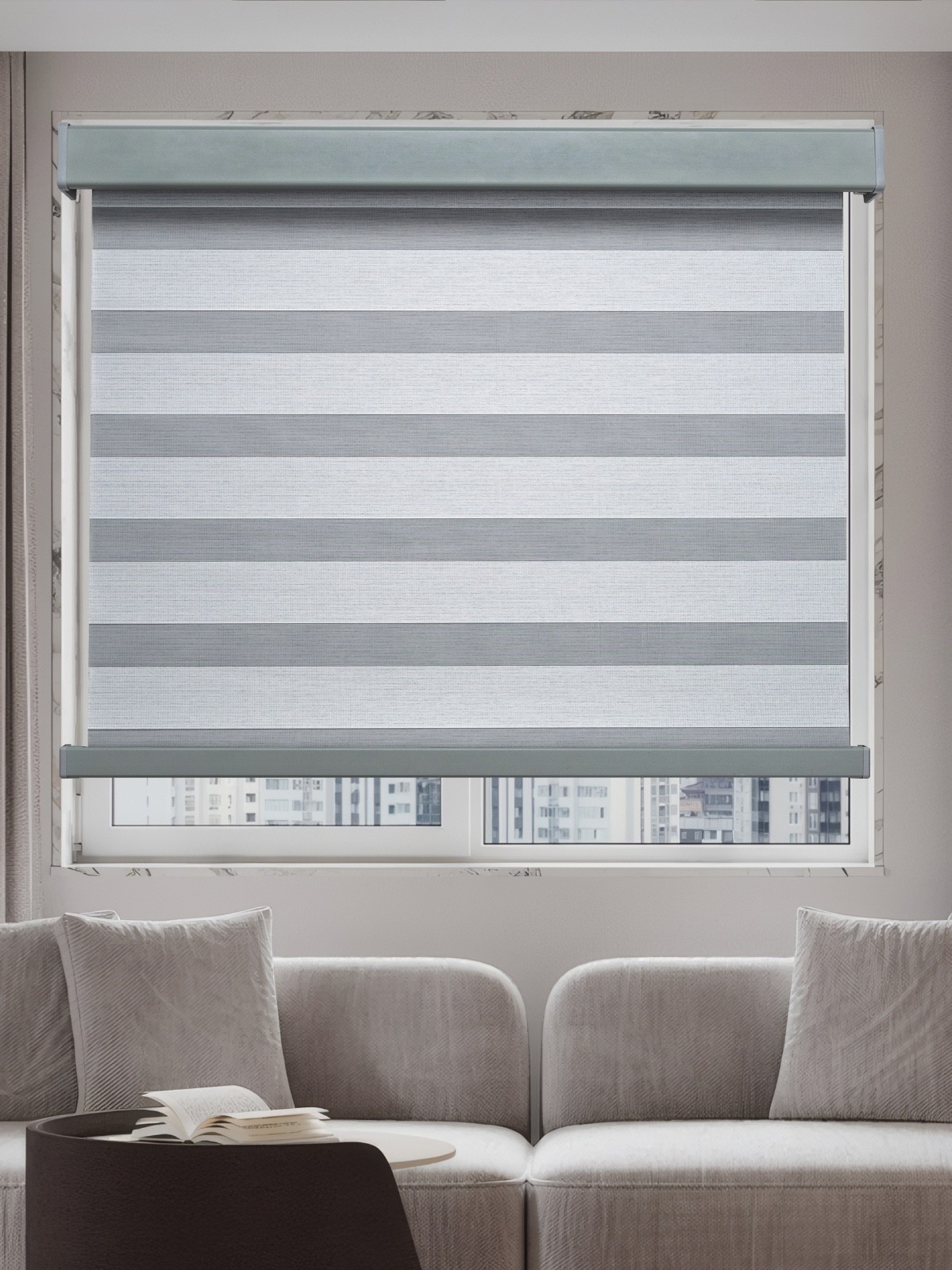 Cordless Zebra Blind Dual Layer Light Filtering Privacy Shades in Gray and Beige gallery