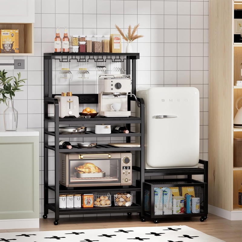 Compact Mini Fridge Stand with Power Outlet, Wine Rack & Storage Baskets gallery