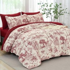 Comforter Set Queen 7 Piece Bed in a Bag Toile de Jouy Queen(90″x 90″) Red