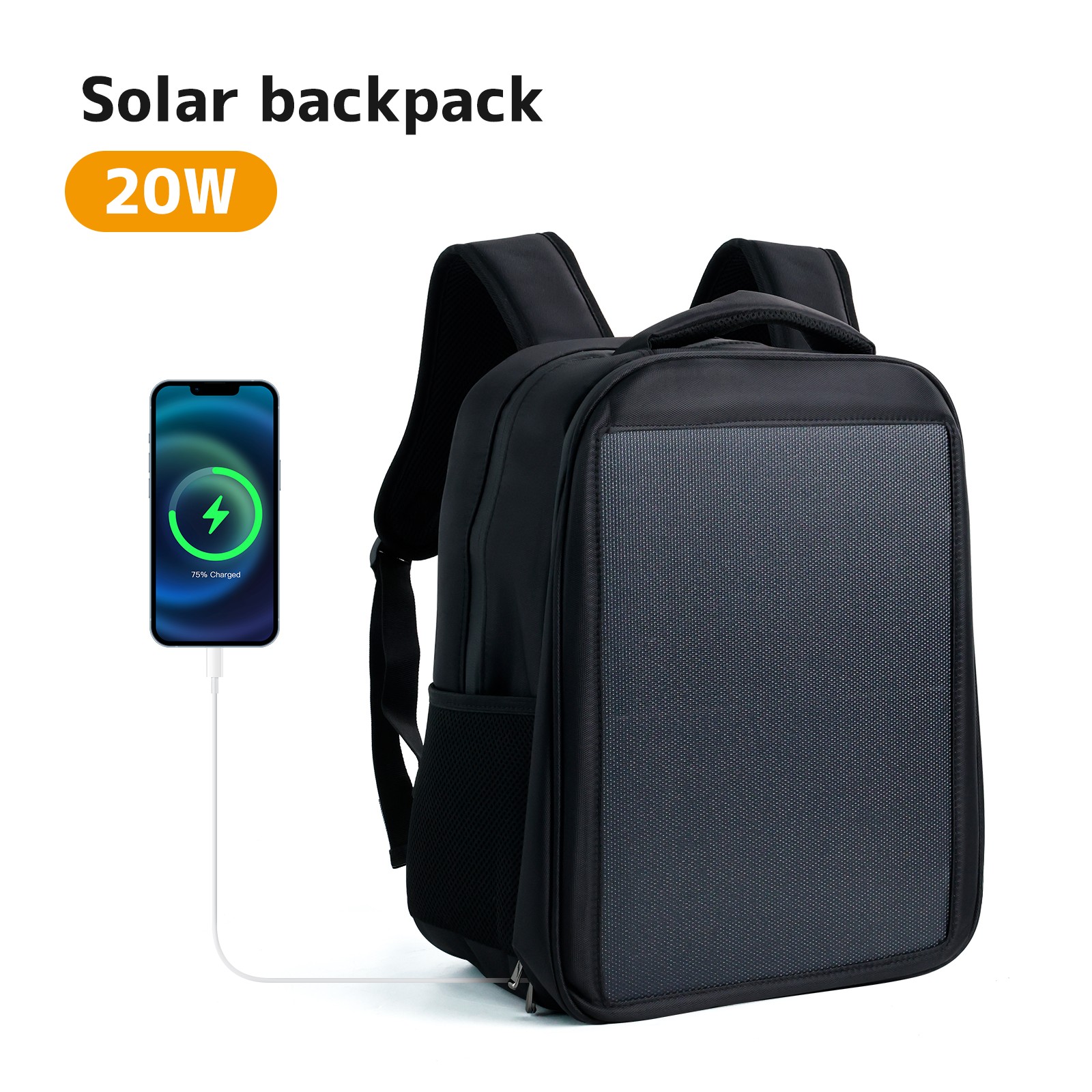 20W Solar Backpack 5V 3A Type C & Type A Charger for Camping Trip Hiking Black gallery